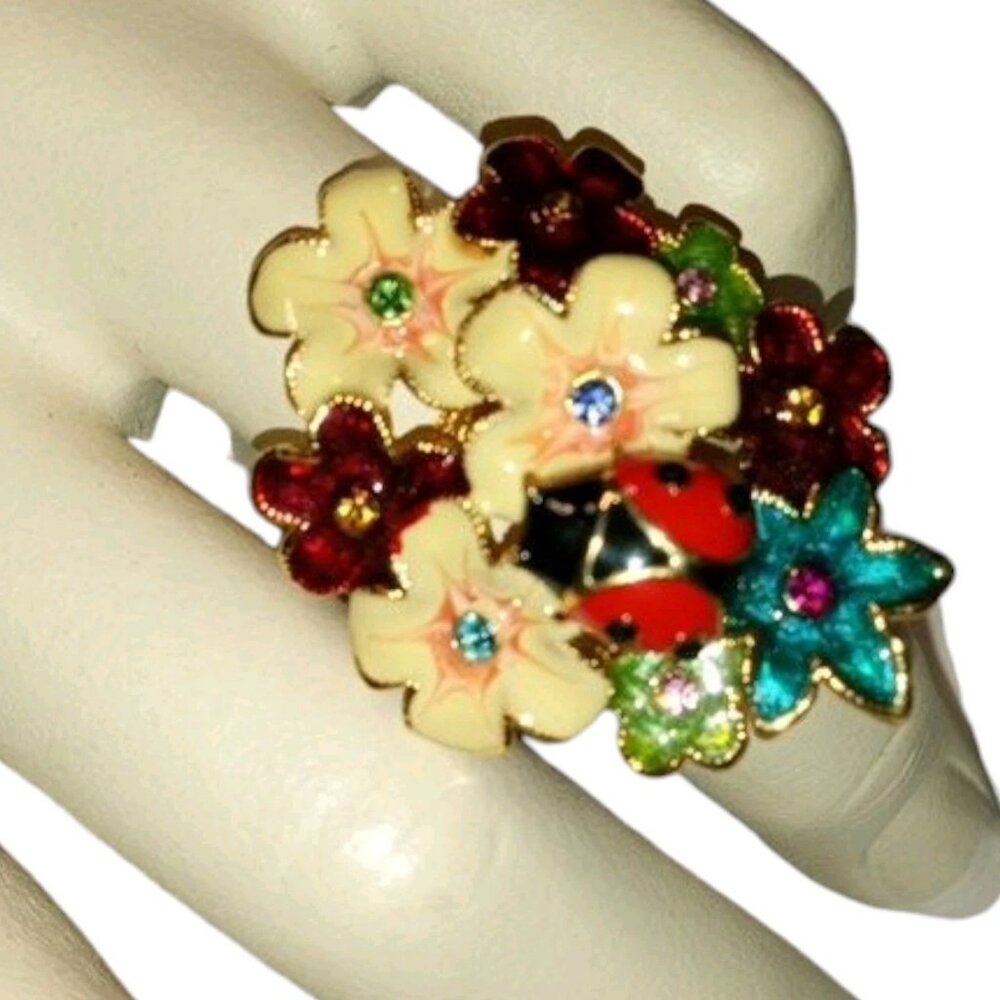 ALDO Size 9 Vintage Vibrant Floral Lady Bug Ring Gold Tone Enamel Rhinestone